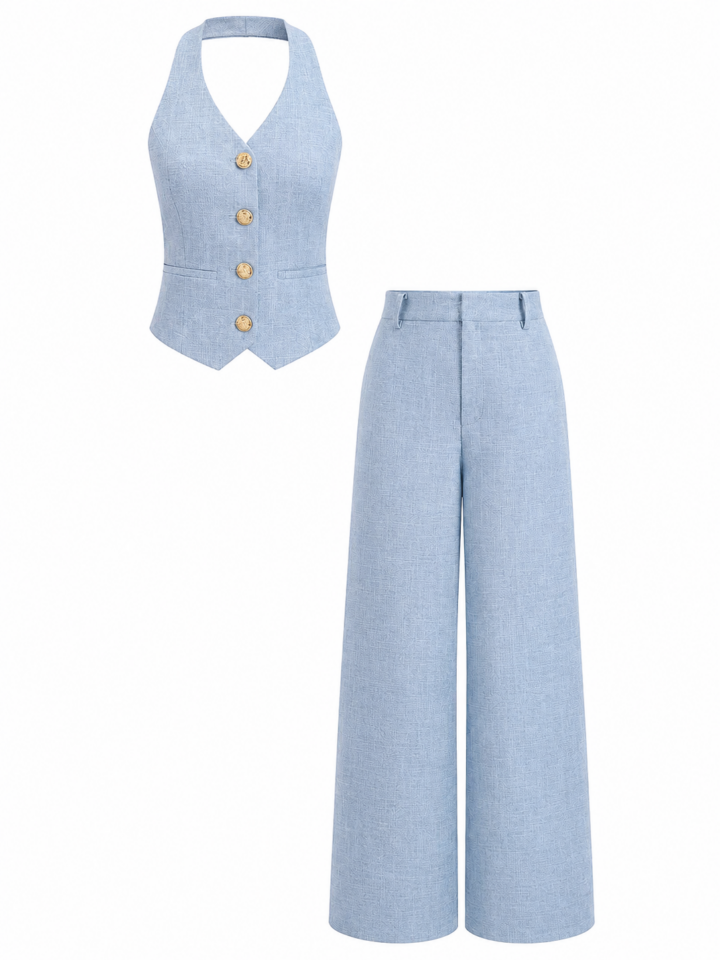 Light Blue Halter-Neck Vest and Wide-Leg Trousers Set