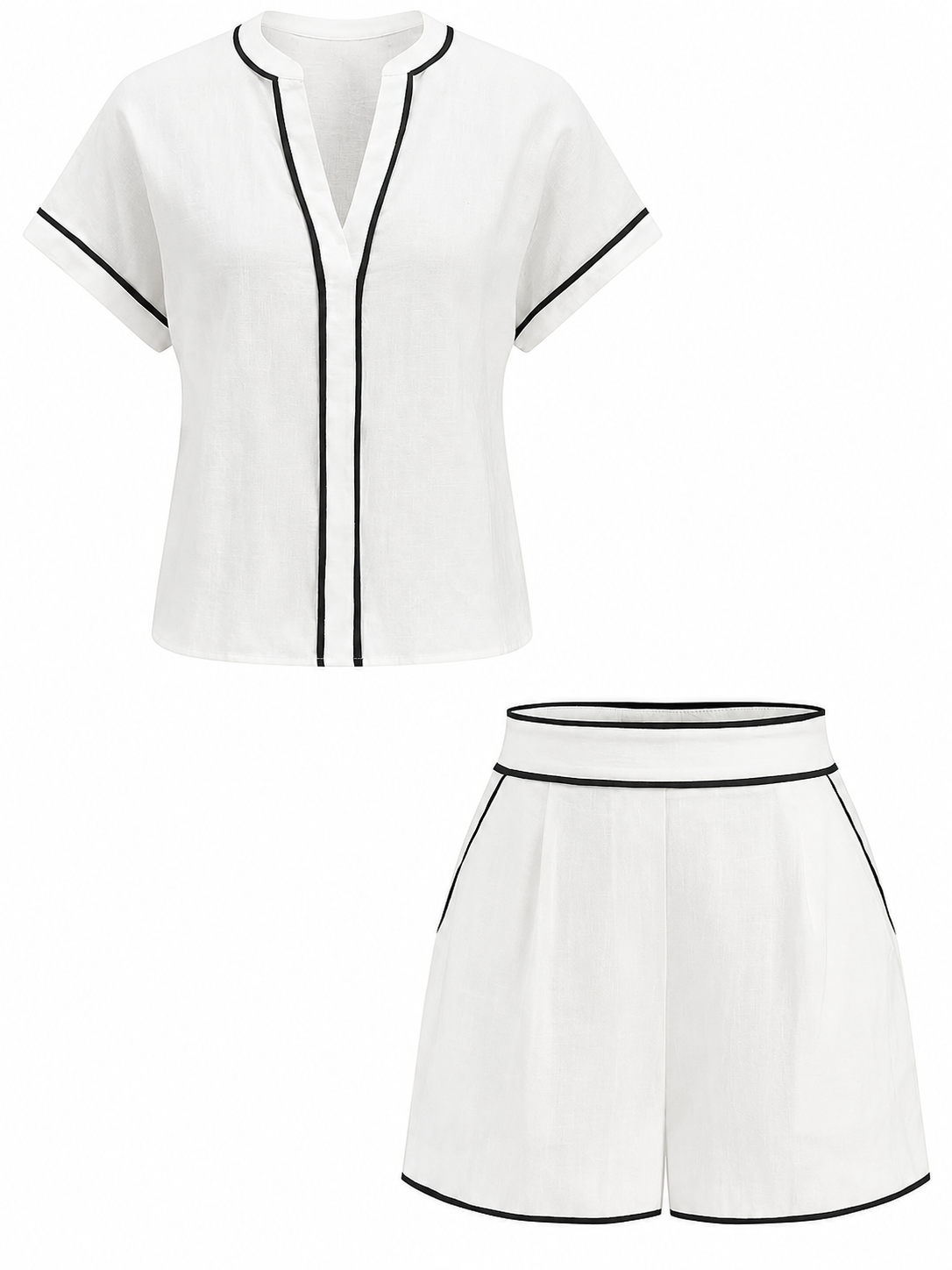 White Contrast Piping Top and Shorts Set