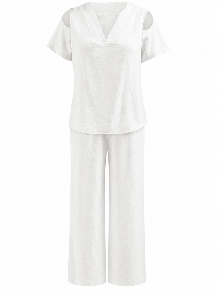 White V-Neck Cutout Shoulder Top and Wide-Leg Pants Set
