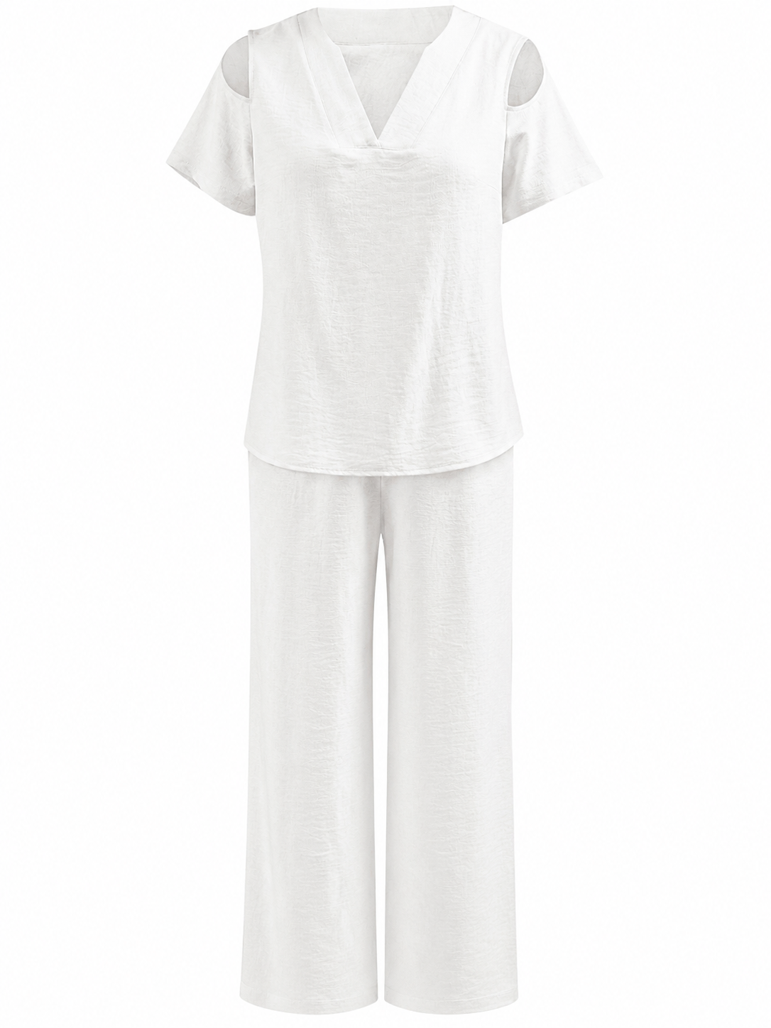 White V-Neck Cutout Shoulder Top and Wide-Leg Pants Set