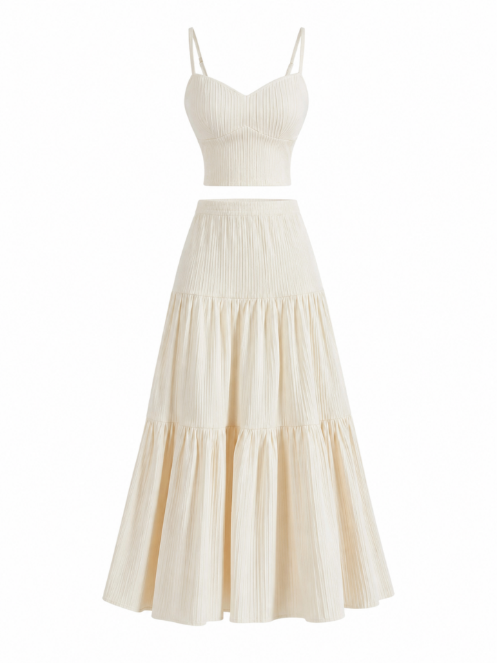 Cream Ribbed Knit Cami and Tiered Maxi Skirt Set