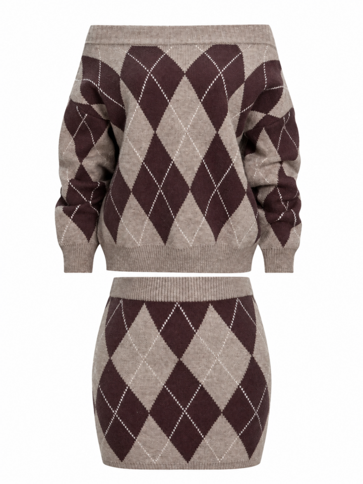 Taupe Argyle Knit Off-Shoulder Sweater and Mini Skirt Set