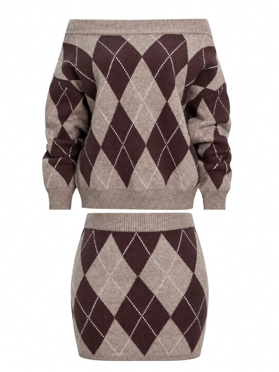 Taupe Argyle Knit Off-Shoulder Sweater and Mini Skirt Set