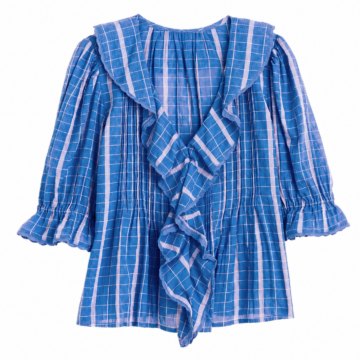 Blue and White Windowpane Check Ruffled Blouse