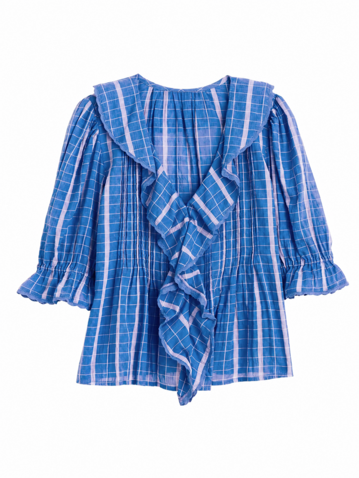 Blue and White Windowpane Check Ruffled Blouse