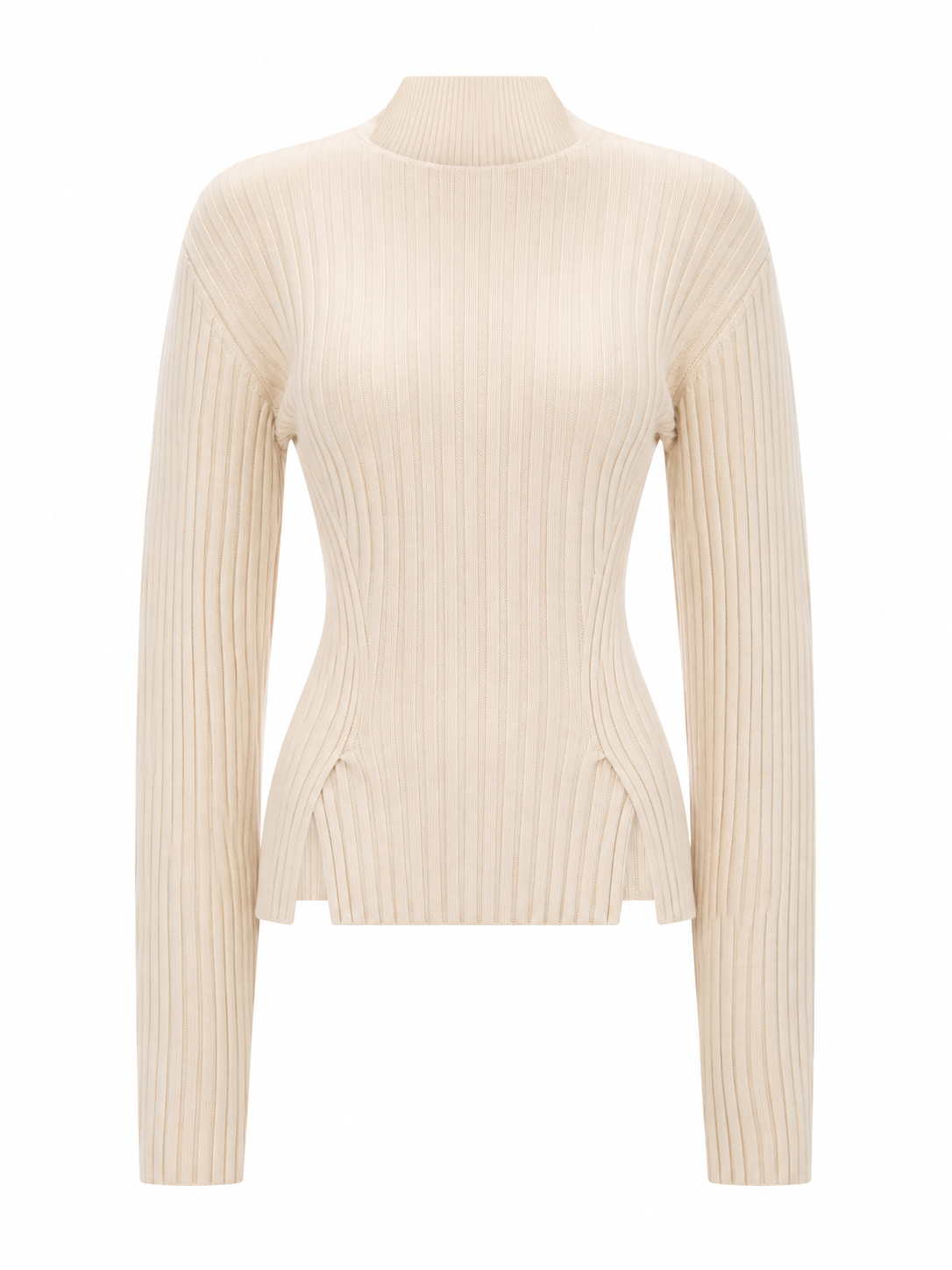 Cream Ribbed Knit Mock Neck Sweater