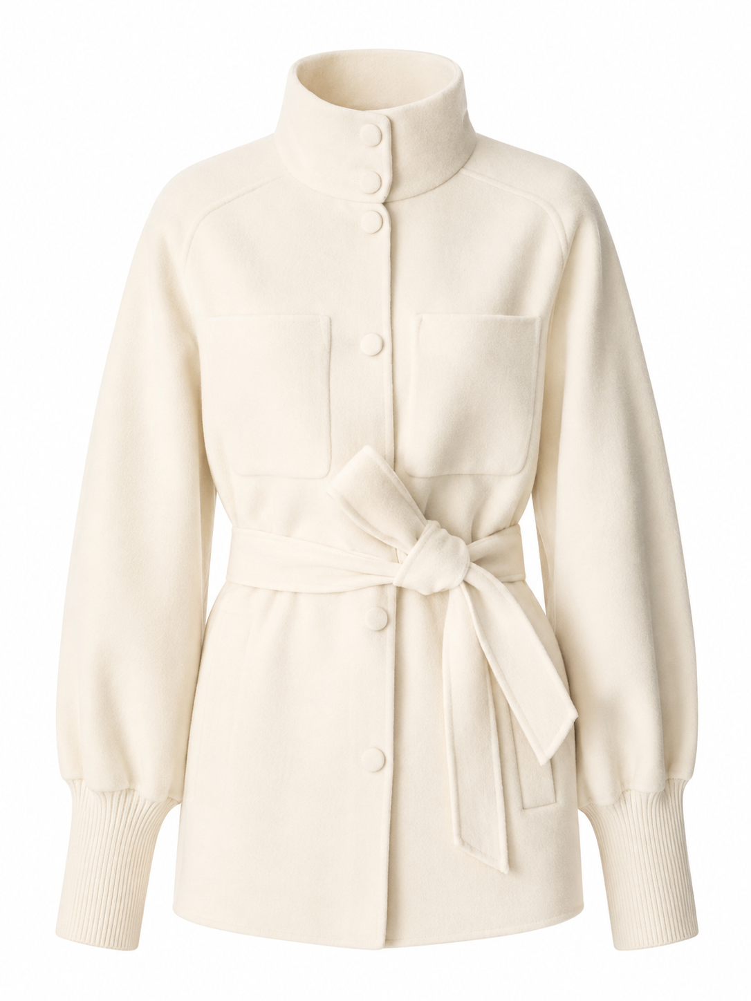 Cream Relaxed Belted Jacket with Stand Collar