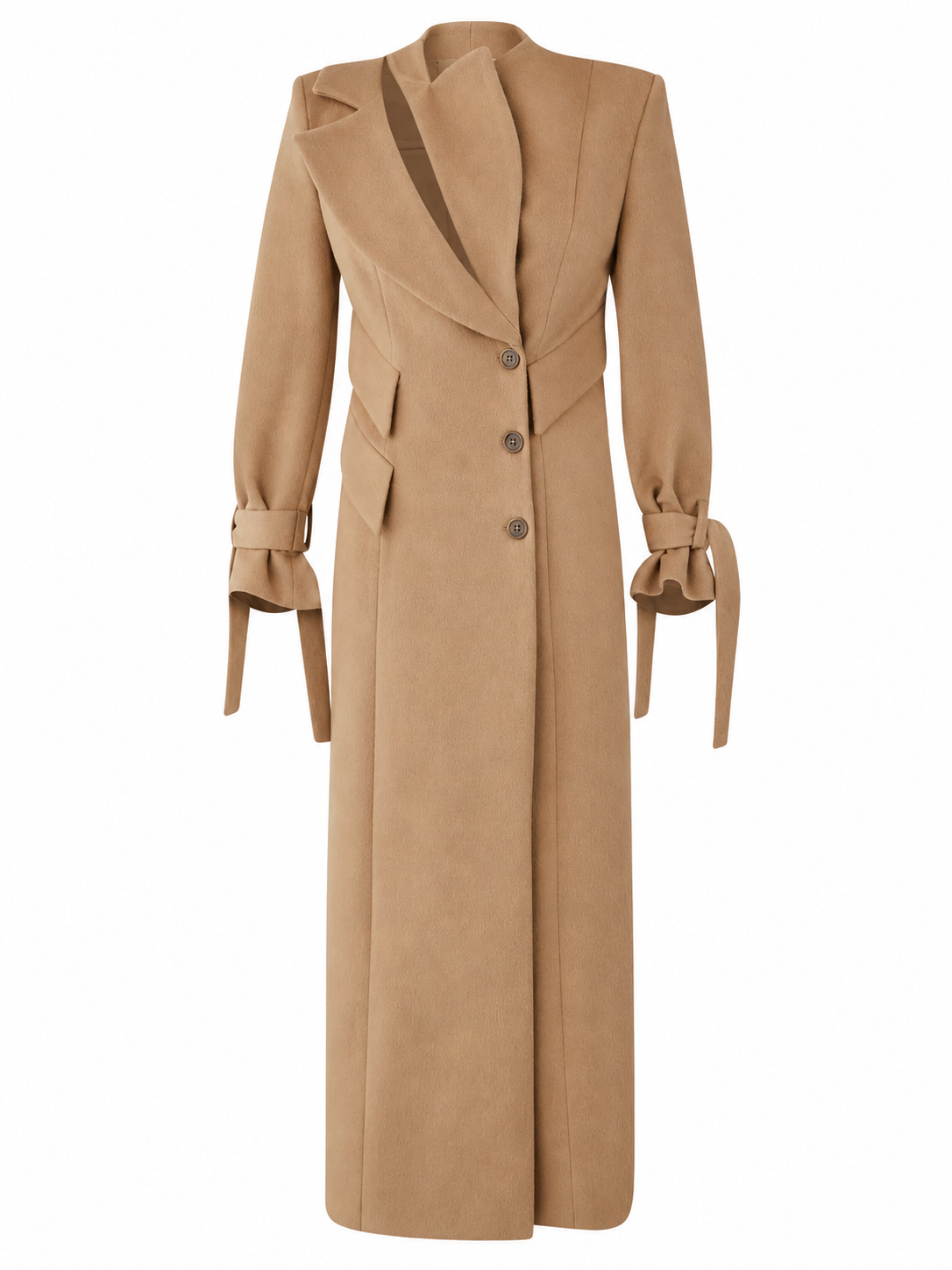 Camel Long Tailored Coat with Tie Cuffs