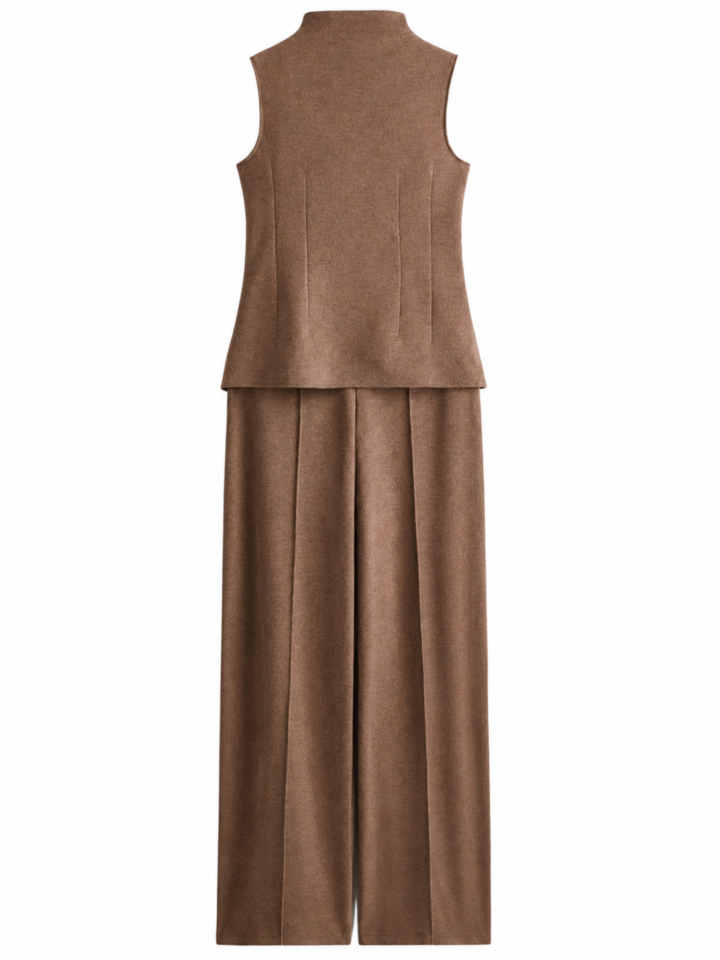 Brown Sleeveless Mock Neck Top and Wide-Leg Pants Set
