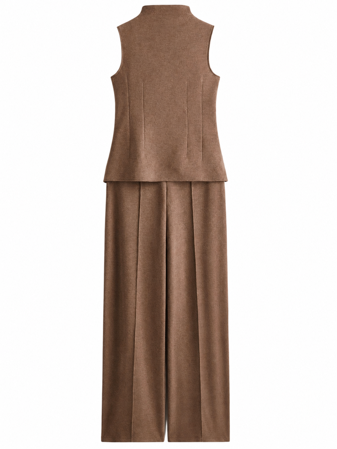 Brown Sleeveless Mock Neck Top and Wide-Leg Pants Set