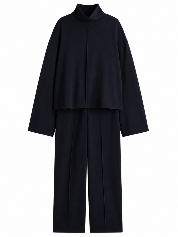 Black Oversized Funnel Neck Top and Straight-Leg Pants Set