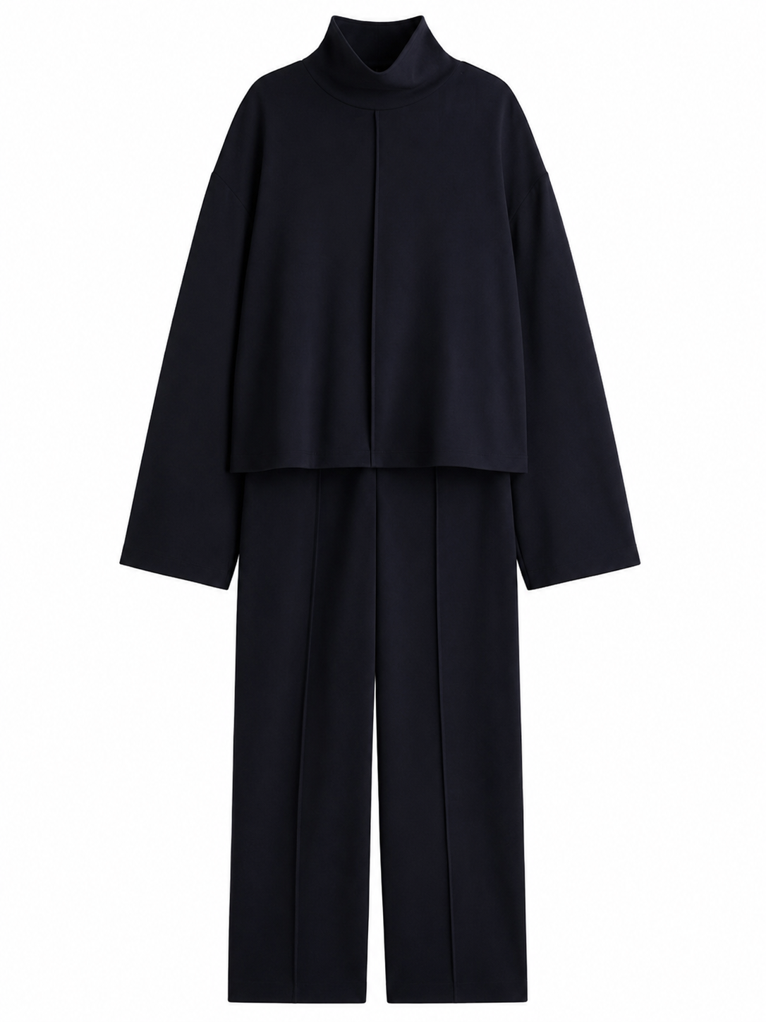 Black Oversized Funnel Neck Top and Straight-Leg Pants Set