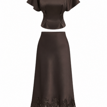 Dark Brown Flutter Sleeve Top and Lace Trim Midi Skirt Set