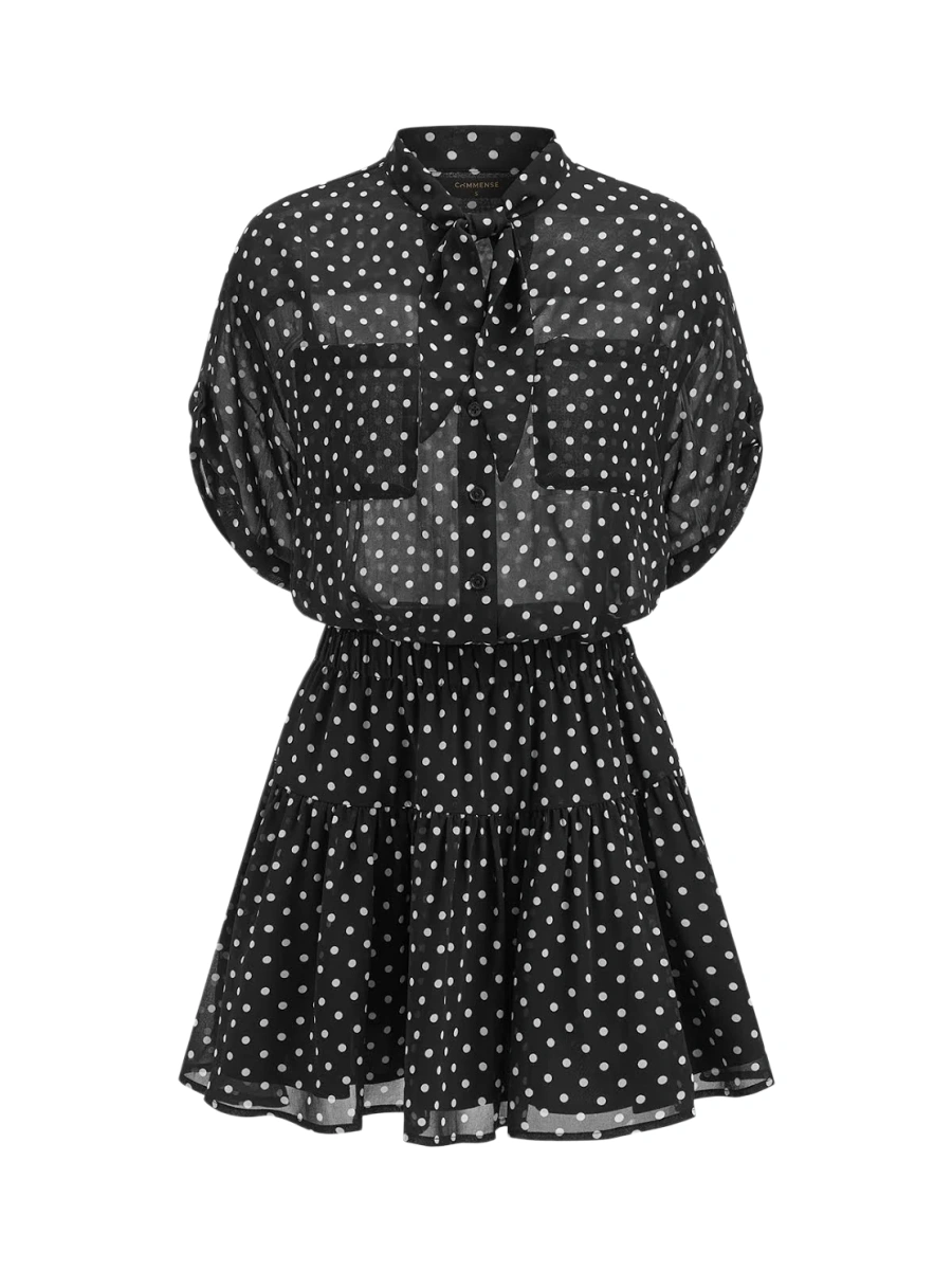 Black Polka Dot Mini Dress with Tie Neck and Balloon Sleeves