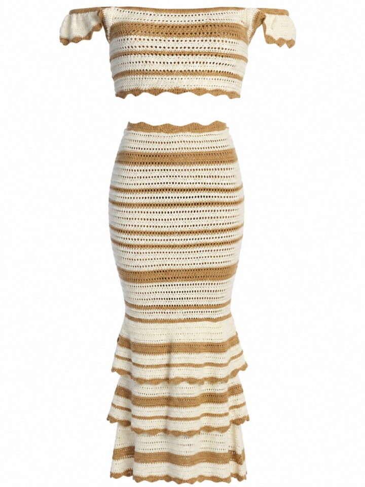 Cream and Tan Striped Off-the-Shoulder Top and Maxi Skirt Set