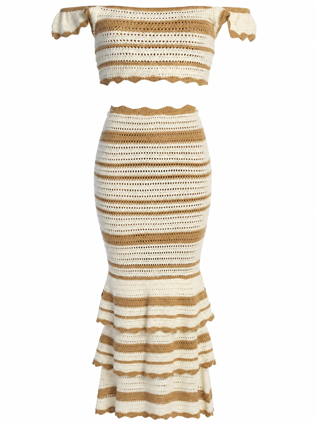 Cream and Tan Striped Off-the-Shoulder Top and Maxi Skirt Set