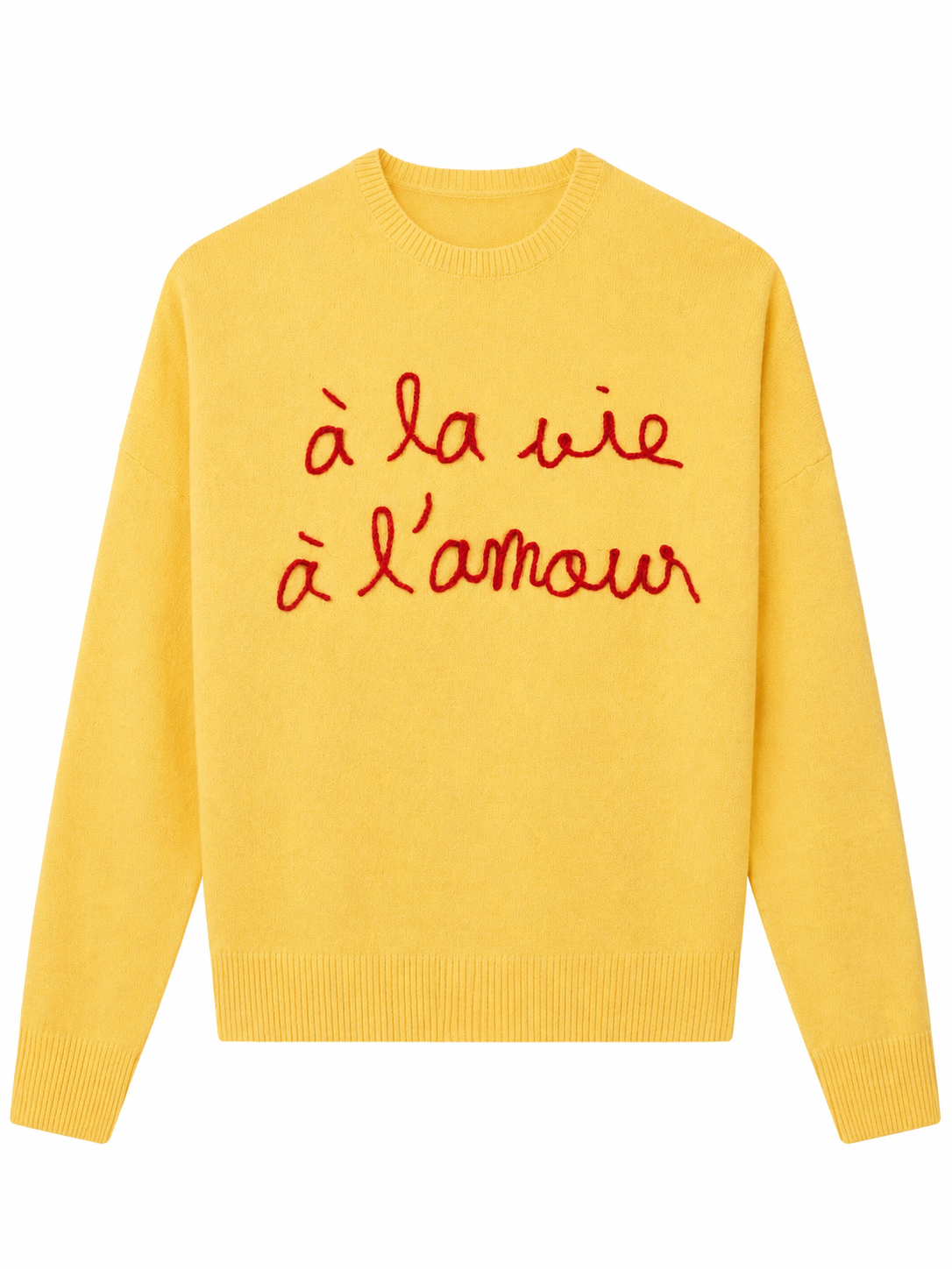 Yellow Embroidered Crew Neck Pullover Sweater