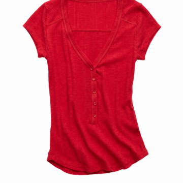 Red Heathered Henley Top with Button Placket and Cap Sleeves