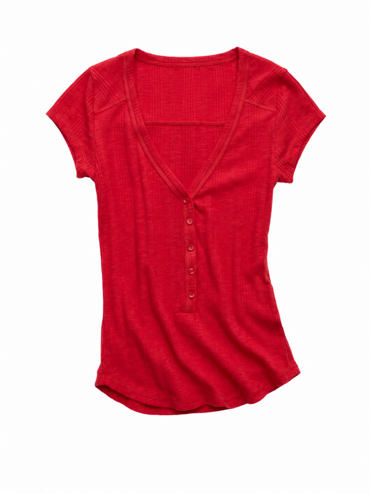 Red Heathered Henley Top with Button Placket and Cap Sleeves