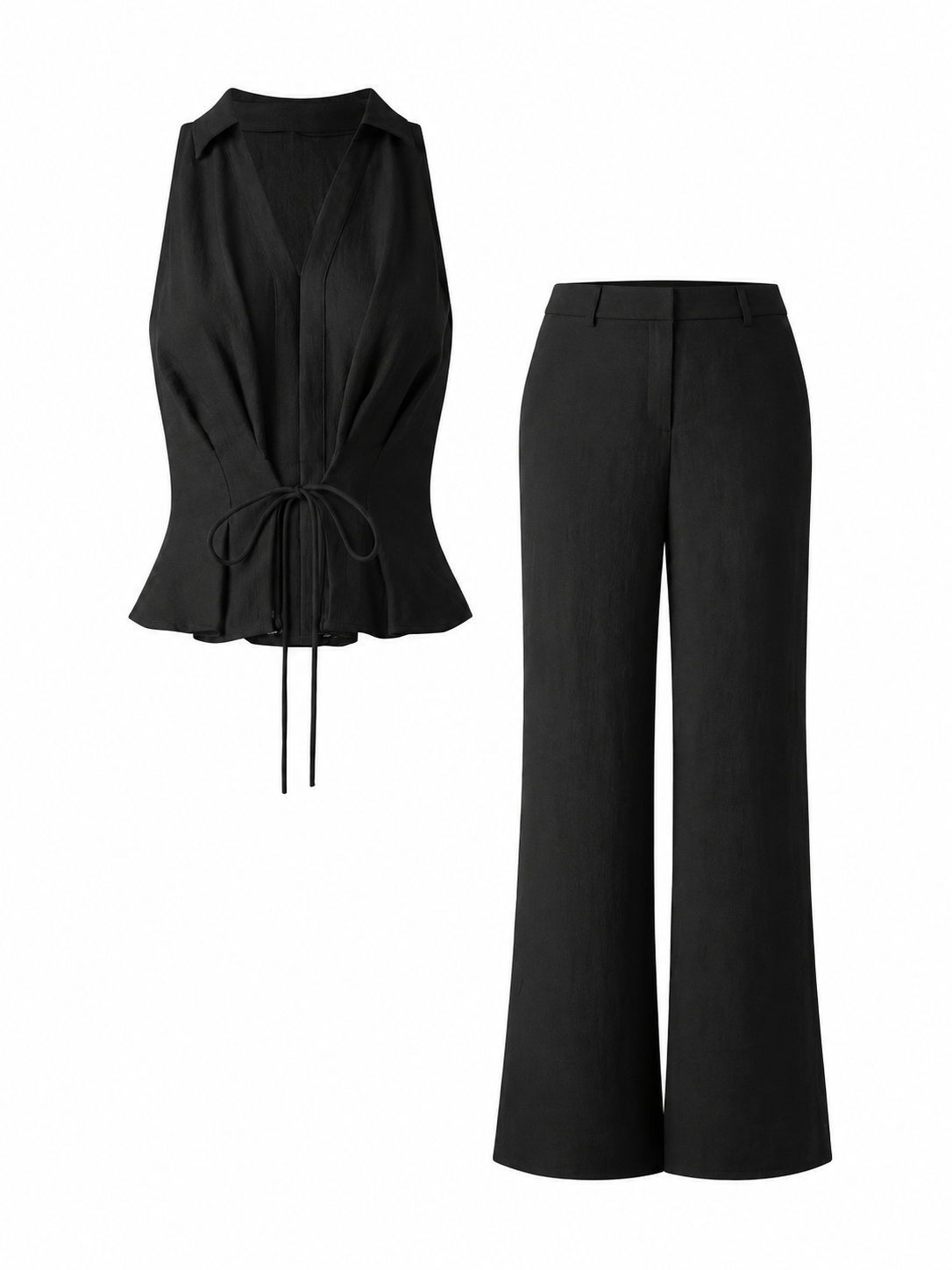Black Sleeveless Collared Top and Wide-Leg Trousers Set