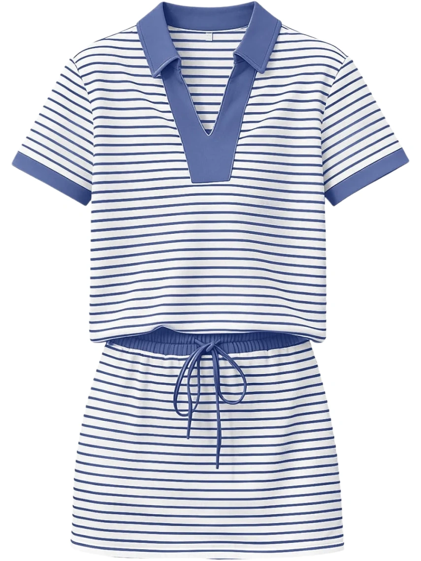 Blue and White Striped Polo and Mini Skirt Set