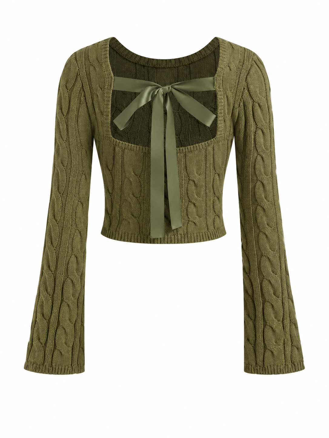 Olive Green Cable Knit Bow Tie Cardigan Top
