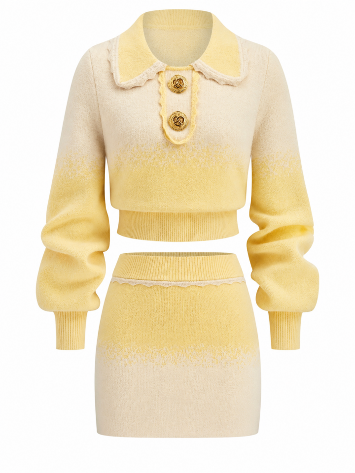 Yellow Ombre Knit Crop Top and Mini Skirt Set