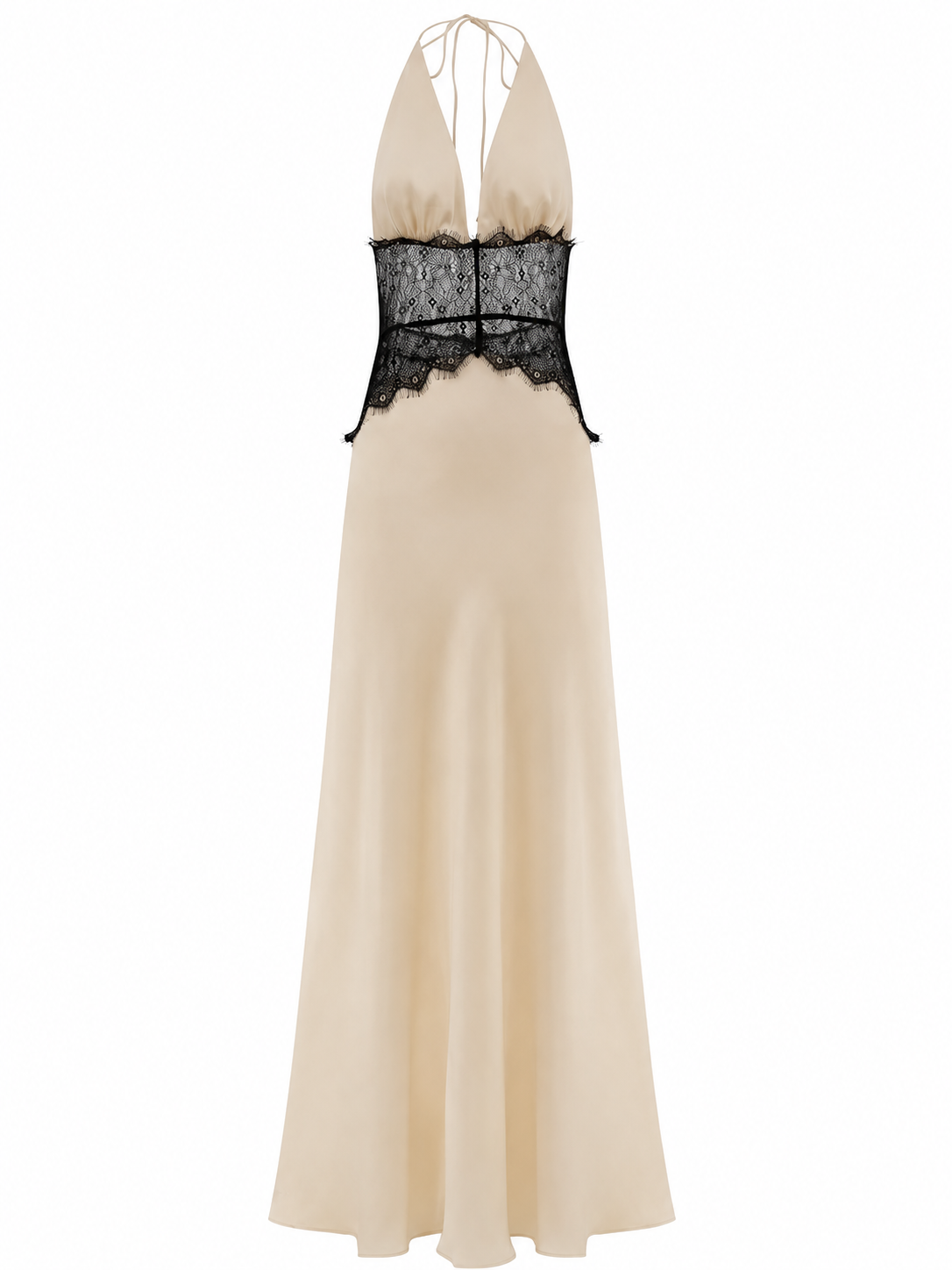 Champagne Sleeveless Lace-Panel Halter Maxi Dress