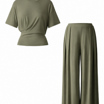 Sage Green Cinched Waist Tee and Wide-Leg Pants Set