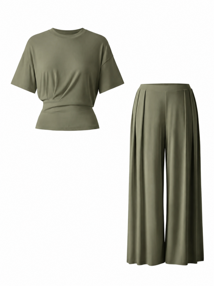 Sage Green Cinched Waist Tee and Wide-Leg Pants Set