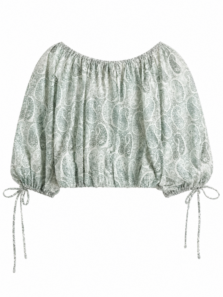 Green Paisley Off-Shoulder Cropped Blouse with Drawstring Sleeves