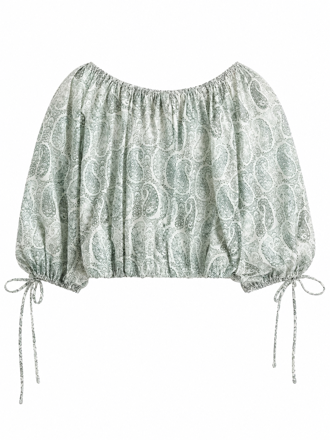 Green Paisley Off-Shoulder Cropped Blouse with Drawstring Sleeves