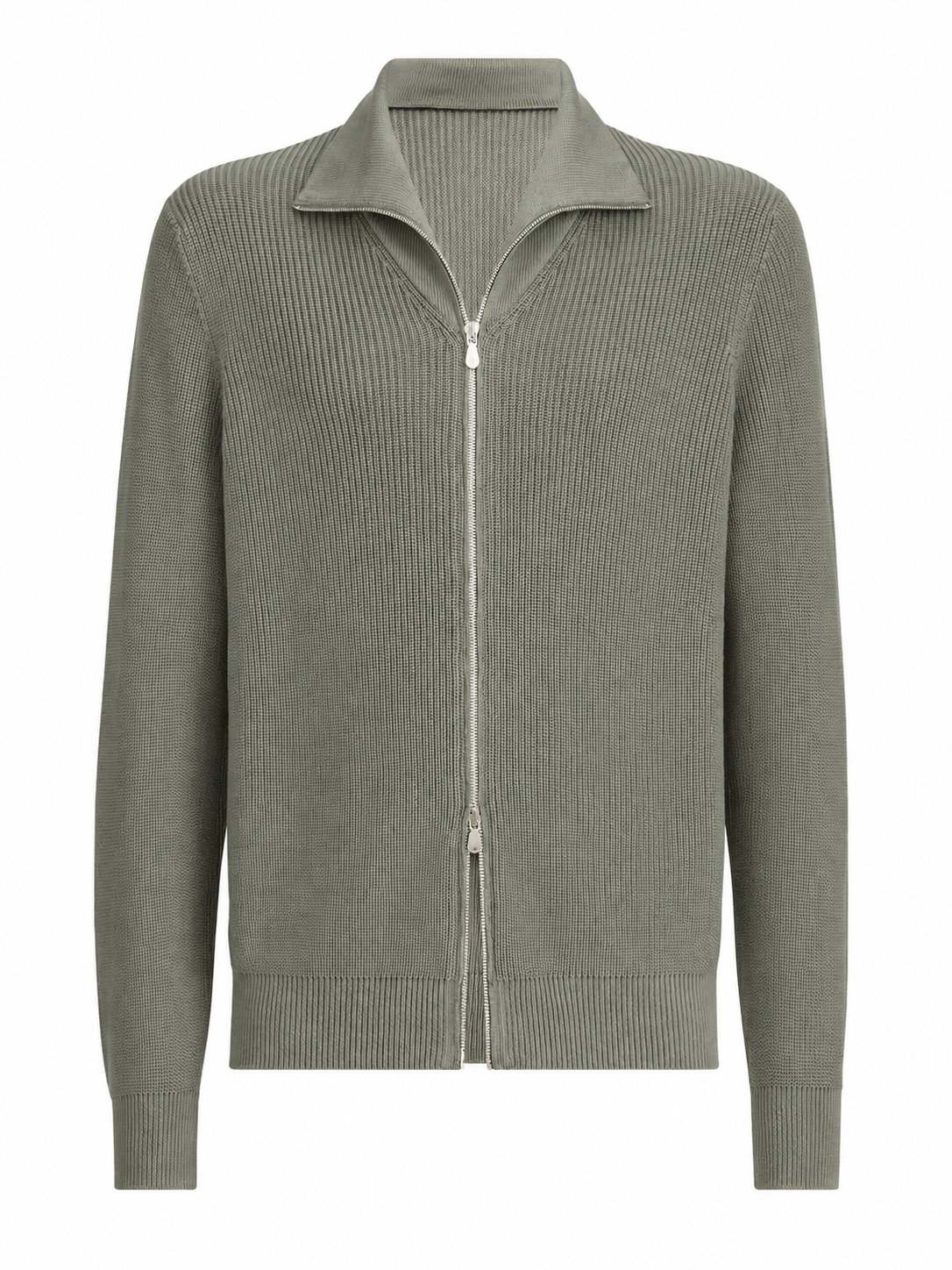 Sage Green Ribbed Knit Zip-Up Sweater