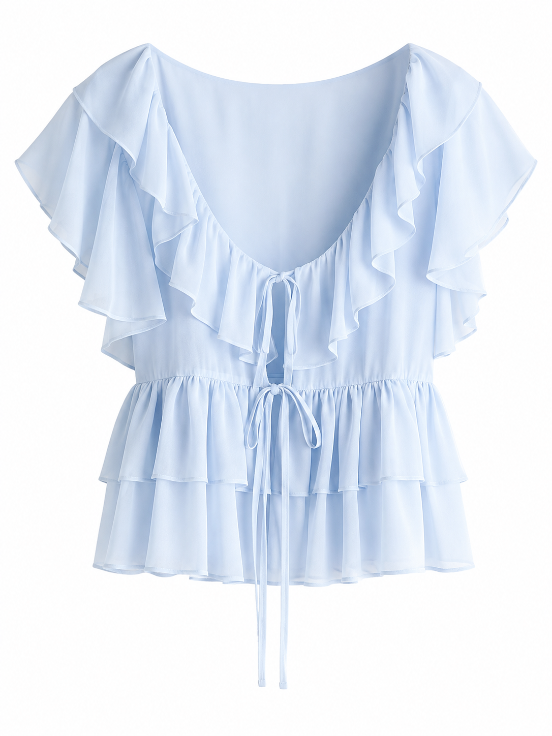 Light Blue Peplum Blouse with V-Neck and Flutter Sleeves