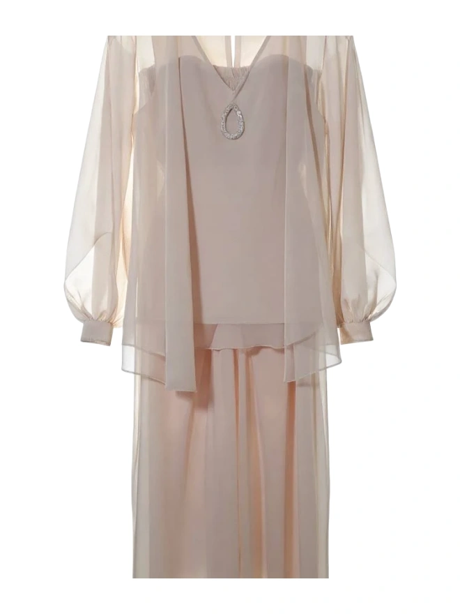 Beige Chiffon Overlay Tunic and Maxi Skirt Set