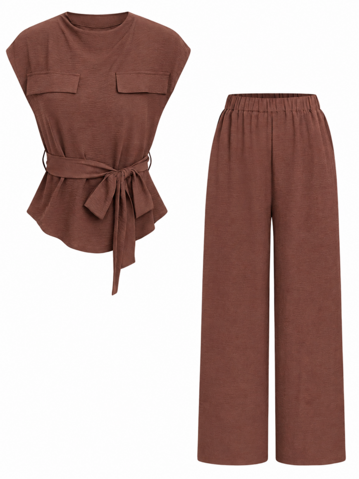 Brown Ribbed Cap Sleeve Top and Wide-Leg Trousers Set