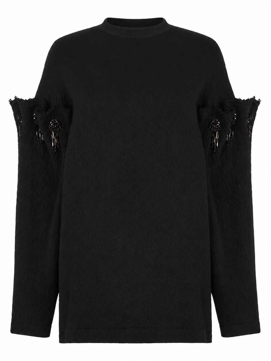 Black Crewneck Sweater with Cut-Out Sleeve Details