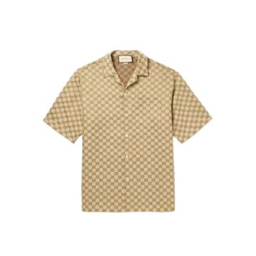 Beige Monogram Print Short Sleeve Button-Up Shirt