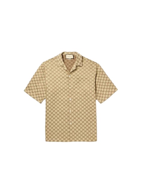 Beige Monogram Print Short Sleeve Button-Up Shirt