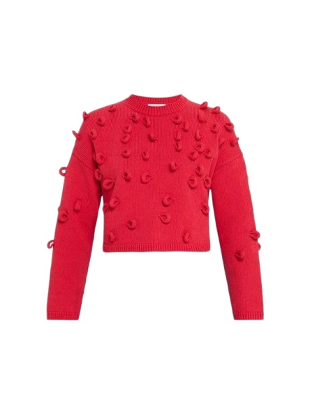 Red Cropped 3D Loop Yarn Crewneck Sweater