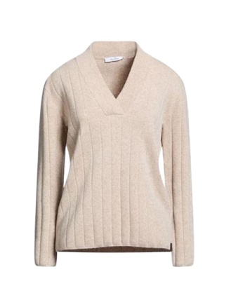 Light Beige Ribbed V-Neck Relaxed Sweater