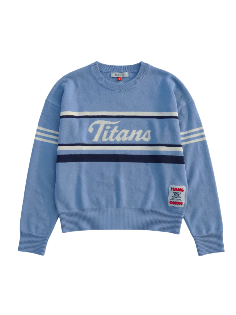 Light Blue Crewneck Knit Sweater with Stripe Sleeve Detail